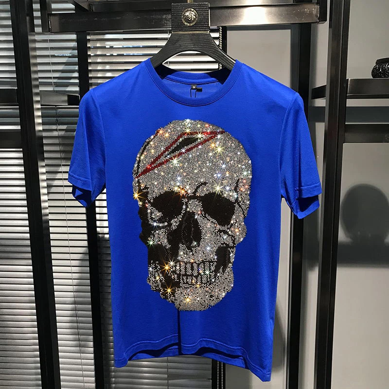 Hot Rhinestone Skull Men's T-Shirt Trend Slim Handsome Mercerized