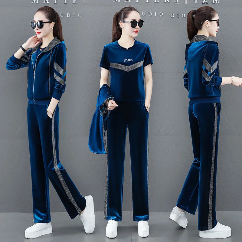 Velour 3 Piece Sets Women Tracksuit Velvet Pant Sets Woman Solid Hooded Zipper Top and Pants Suit women's clothing 2023 M-4XL