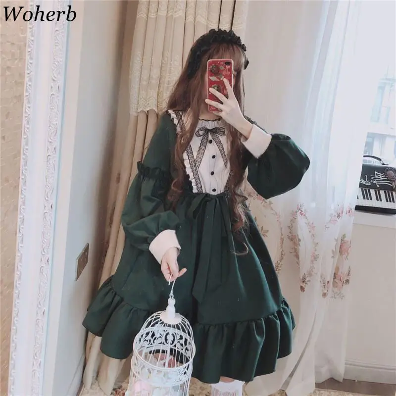 Woherb Gothic Lolita Dress Harajuku Fashion Cross Cosplay Female  Japanese Kawaii Green Tulle  Cute Girl Streetwear