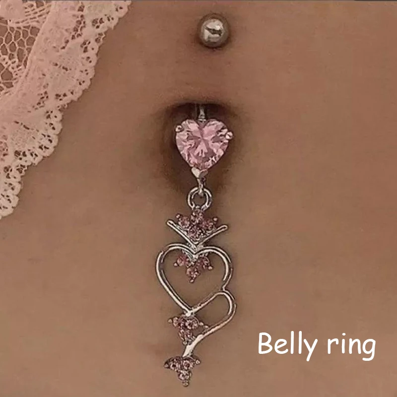 2000s Aesthetic Pink Shiny Crystal Heart Belly Rings Women Stainless Steel Vintage INS Body Piercing Y2K Accessories Egirl Style