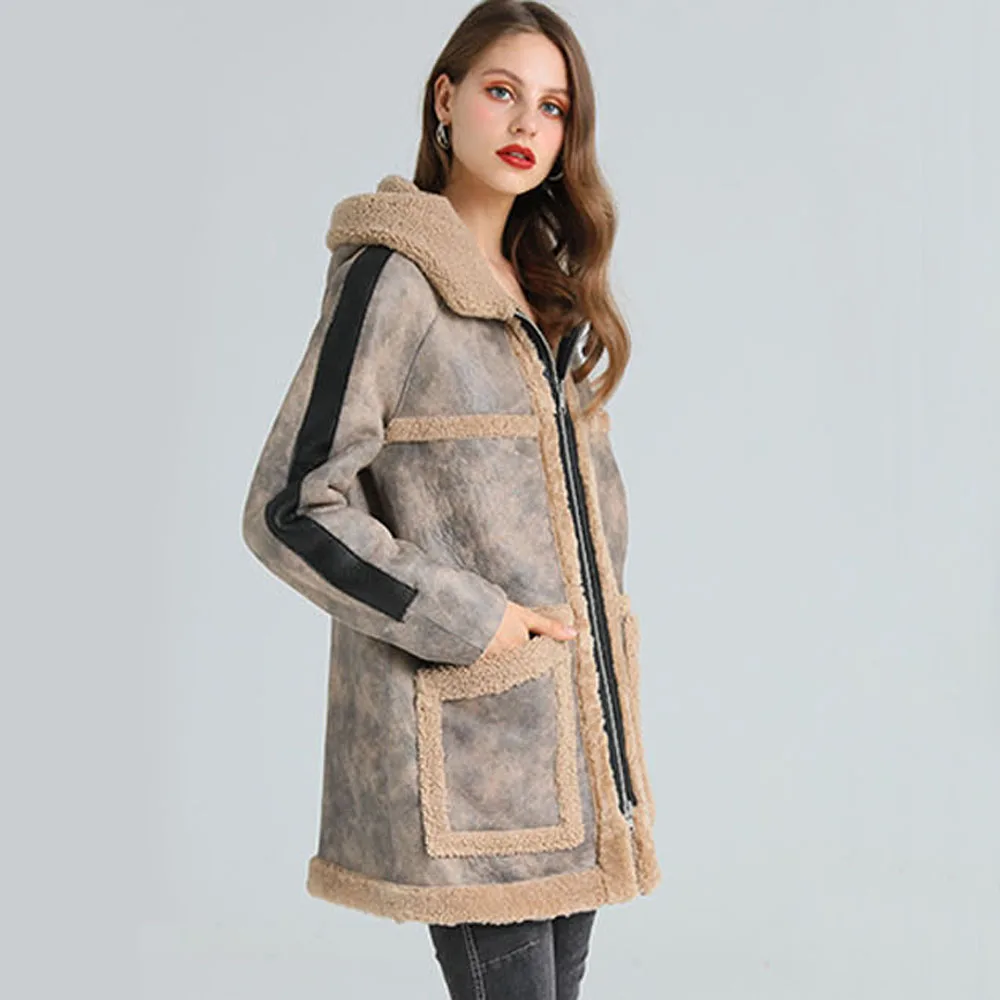 Hooded Long Real Fur Coat For Women Thicken Warm Red Sheepskin Shearling Clothing Long Genuine Leather Outerwear