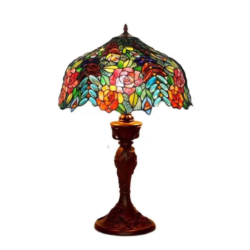 

Vintage Luxurious Tiffany Colorful Glass Roses Table Lamp for Foyer Bed Room Apartment Glass Lighting Fixture Dia 43cm 1113