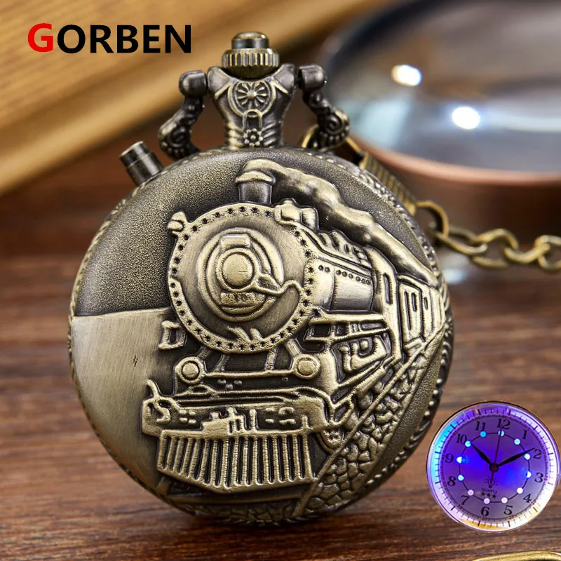 Luminous LED Quartz Pocket Watch Flash Necklace Noctilucent Hour Vintage Steampunk Clock Bronze Silver Gold Vintage Train Clock