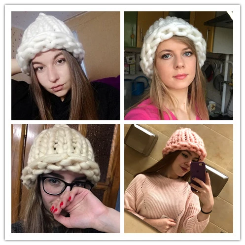 Simple girl Casual Cotton Acrylic Rushed New Fashion Female Winter wool Hats Hand Coarse Knitted Hat For Women Beanies