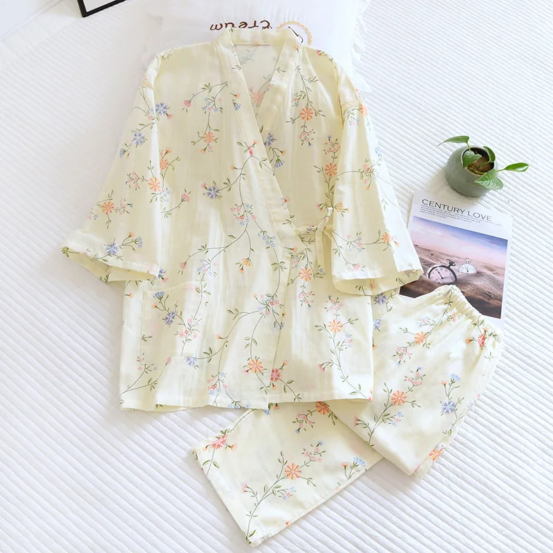 

Flower Gauze Cotton Kimono Set Spring Summer Thin Fresh V-neck Nightgown 2-piece Women Set Long-Sleeved Casual Women Pajamas