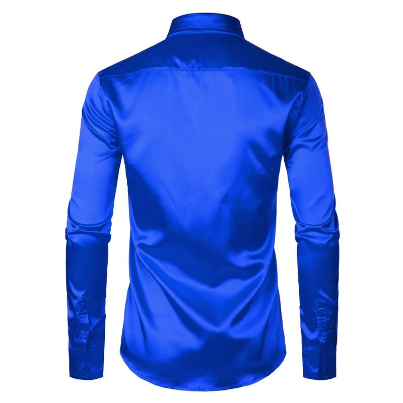 Camisa de cetim de seda azul real dos homens 2023 luxo nova marca magro ajuste camisas vestido de casamento festa casual masculino camisa casual chemise