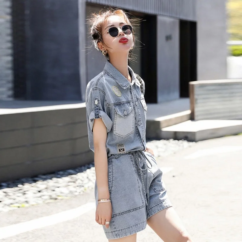 Short Fashion Jean Jumpsuit Women Rompers Summer Sweet Short Sleeve Denim Overalls Multi-Pockets Single Breasted Casual Shorts