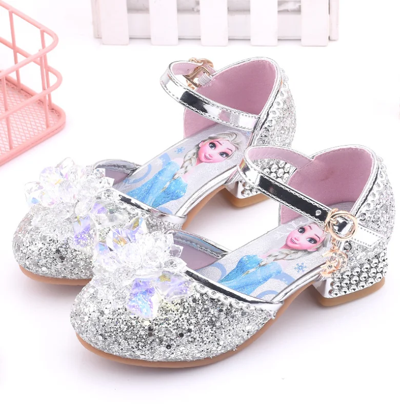 Sandales de princesse Disney la reine des neiges pour filles, chaussures de princesse en cuir souple, en cristal, à la mode