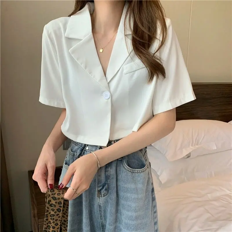 Shirts Women Chic Elegant Solid Office Ladies Summer Cropped Slim Popular Single Button Mujer Blusas Simple All-match Streetwear