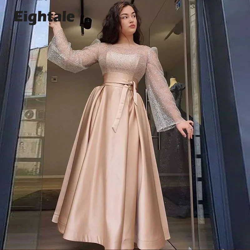 Gaun Malam Vintage Eigdale 2021 Gaun Pesta Prom Arab Sampanye Satin Atasan Glitter Lengan Panjang Leher-o