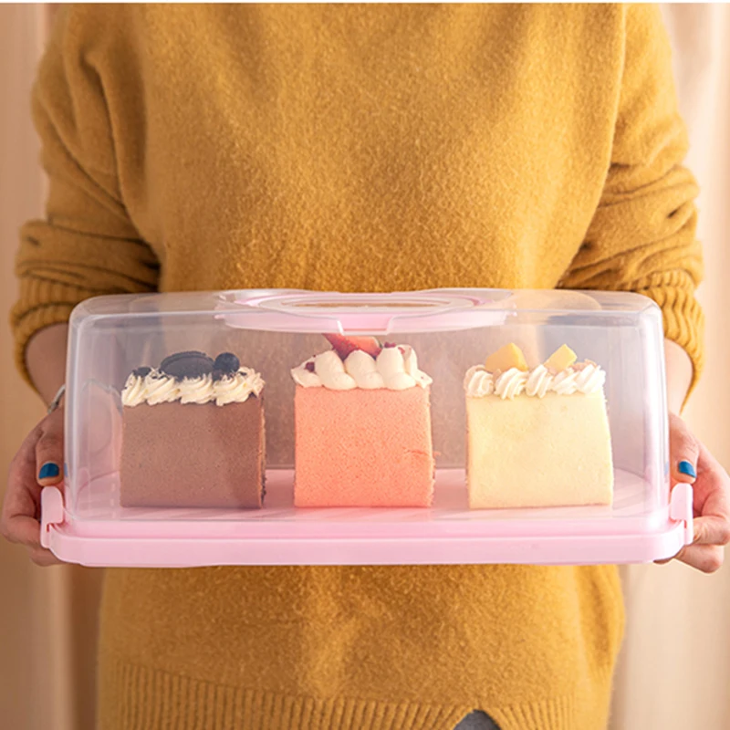 Portable Rectangular Loaf Bread Container with Transparent Lid Cake Storage Box with Handle Plastic Organizer for Kitchen