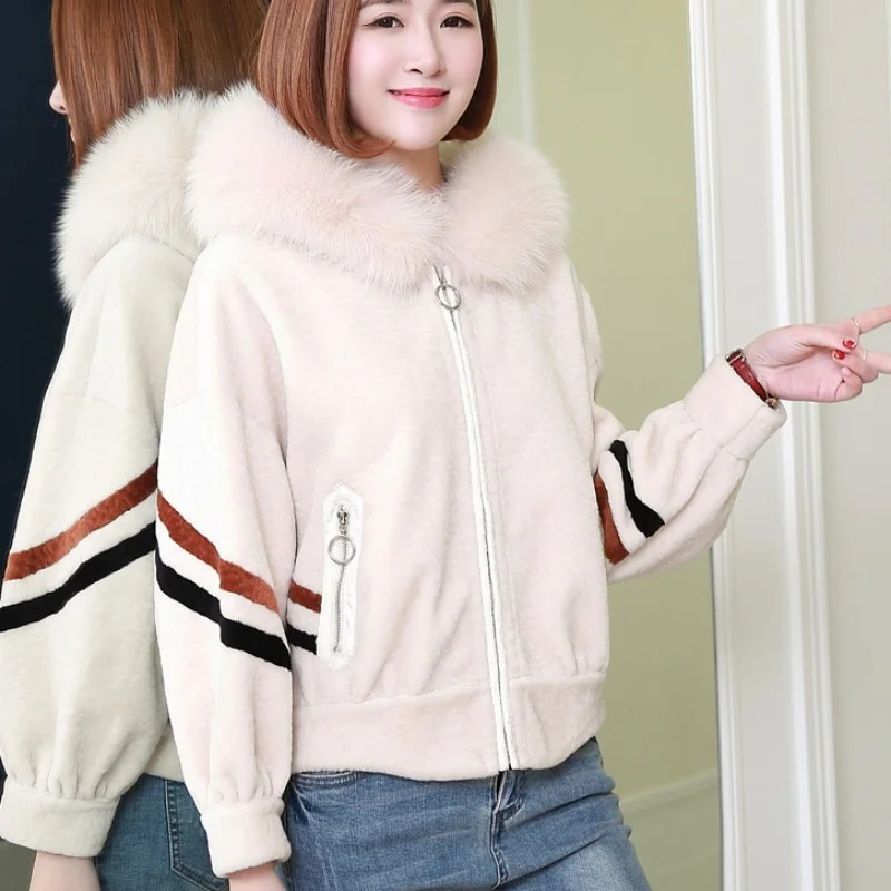 후드 티드 리얼 모피 코트 2022 겨울 코트 여성 폭스 모피 칼라 Shearling Jacket 램 모피 자켓 한국 슬림 쇼트 오버 코트 여성