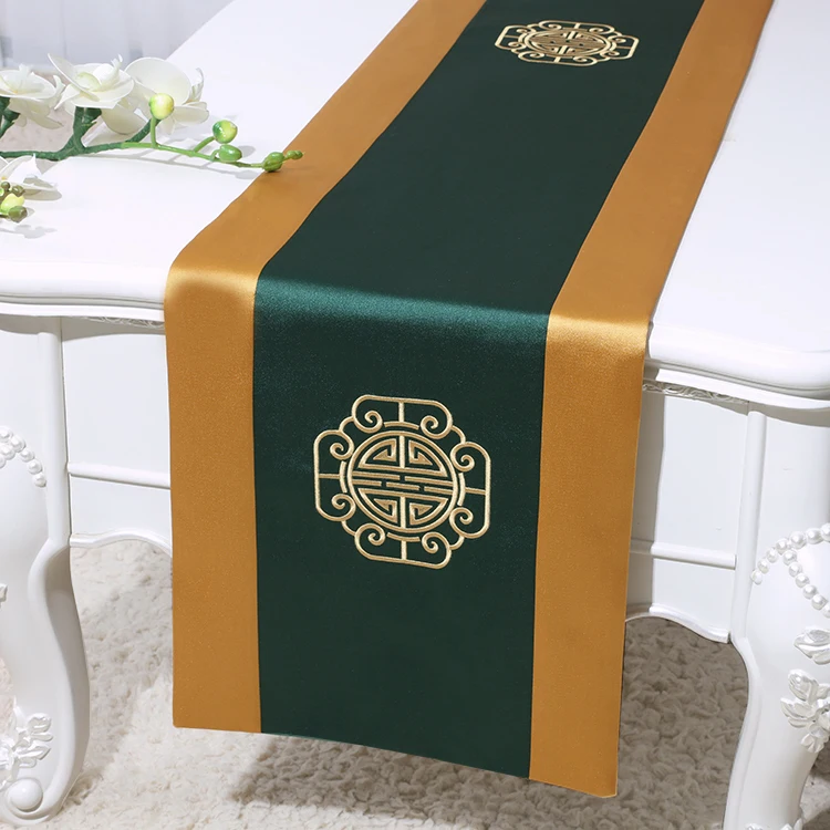 

Custom Fine Embroidery Joyous Damask Table Runner Chinese Silk brocade Dining Tea TableCloth Rectangle Home Decor Bed Runners