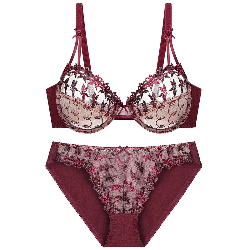 

Wine Red Ultra Thin Transparent Bra Set Hollowed Out Embroidery Flora Sexy Lingerie Set Plus Size Women Deep V See Through