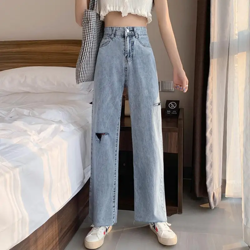 

Wind hole, high waist, drooping feeling, wide leg jeans, women's loose and slim spring and summer new straight ins pants