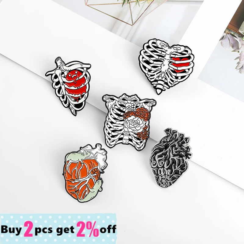 Custom Rib Cage Enamel Pins with Gothic Human Anatomical Rose Bloody Heart Lapel Badges Brooches Jewelry Gift  Friend Wholesale