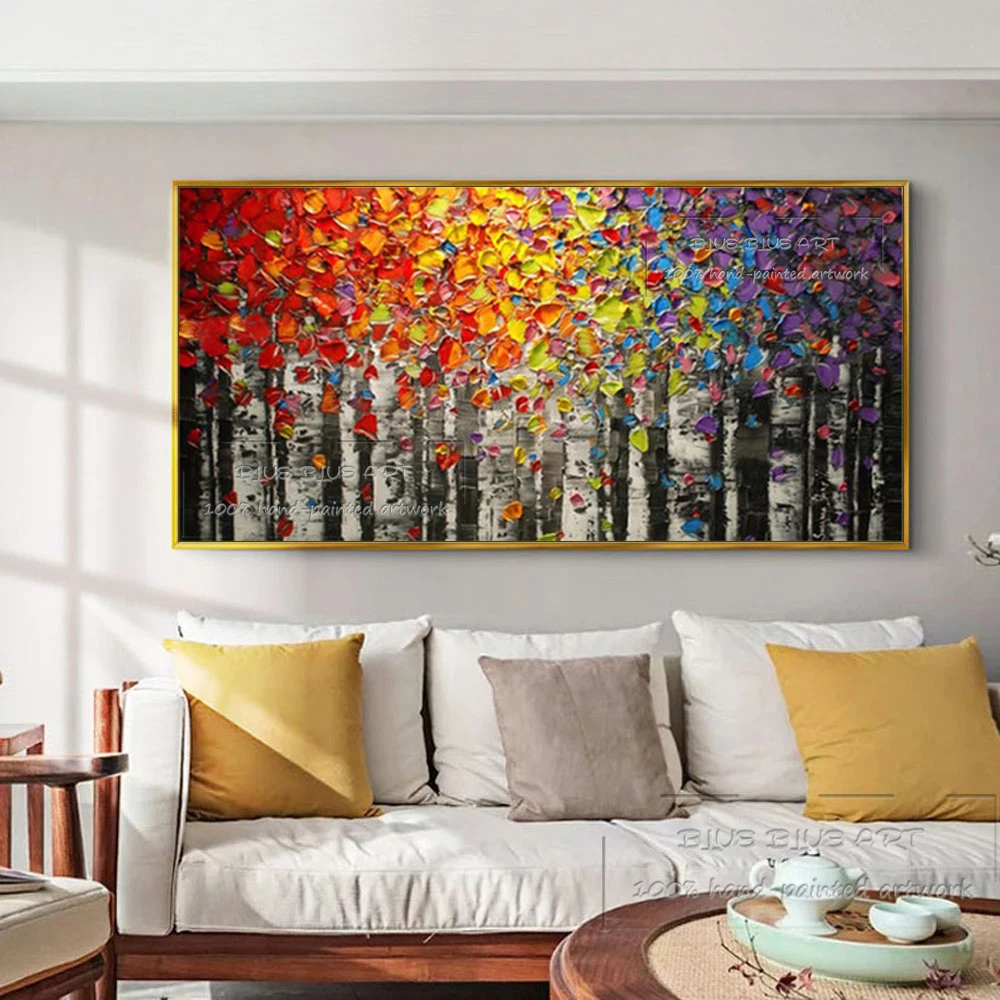 Excellent Artist Hand-painted Abstract Modern Birch Knife Painting Thick Paints Abstract Landscape Birch Knife Acrylic Painting