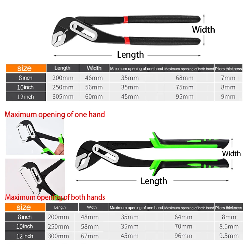 High Quality Water Pump Plier Adjustable Water Pump Pipe Pliers Heating Repair Multifunction Hand Tools 8/10/12 \