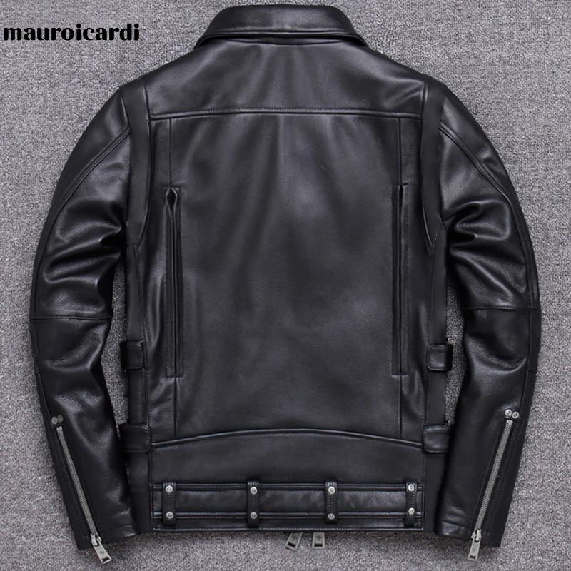 Mauroicardi Spring Black Pu Leather Motorcycle Jacket for Men Style Long Sleeve Zipper Pockets Mens Leather Jackets and Coats