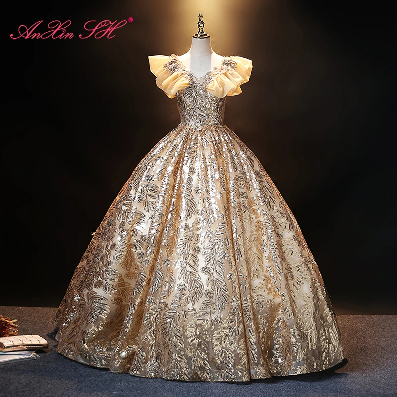 AnXin SH vintage princess golden lace v neck sparkly ruffles beading crystal ball gown stage lace up customized evening dress