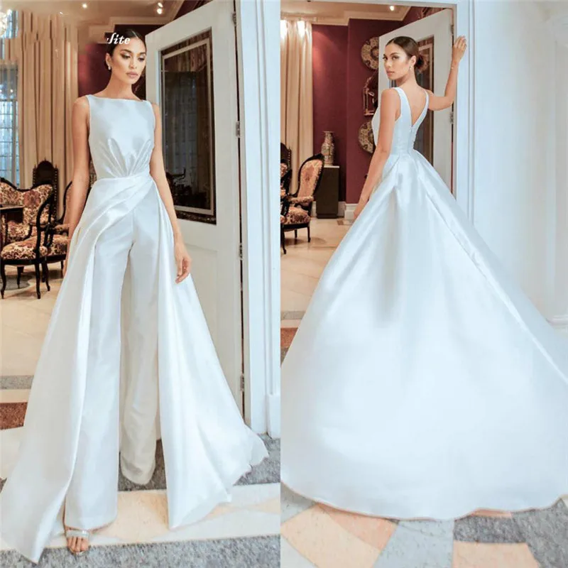 Satin jumpsuit Wedding Dresses 2021 with Overskirt Bride Reception beach garden bridal Women Pant Suits Vestido De Noiva