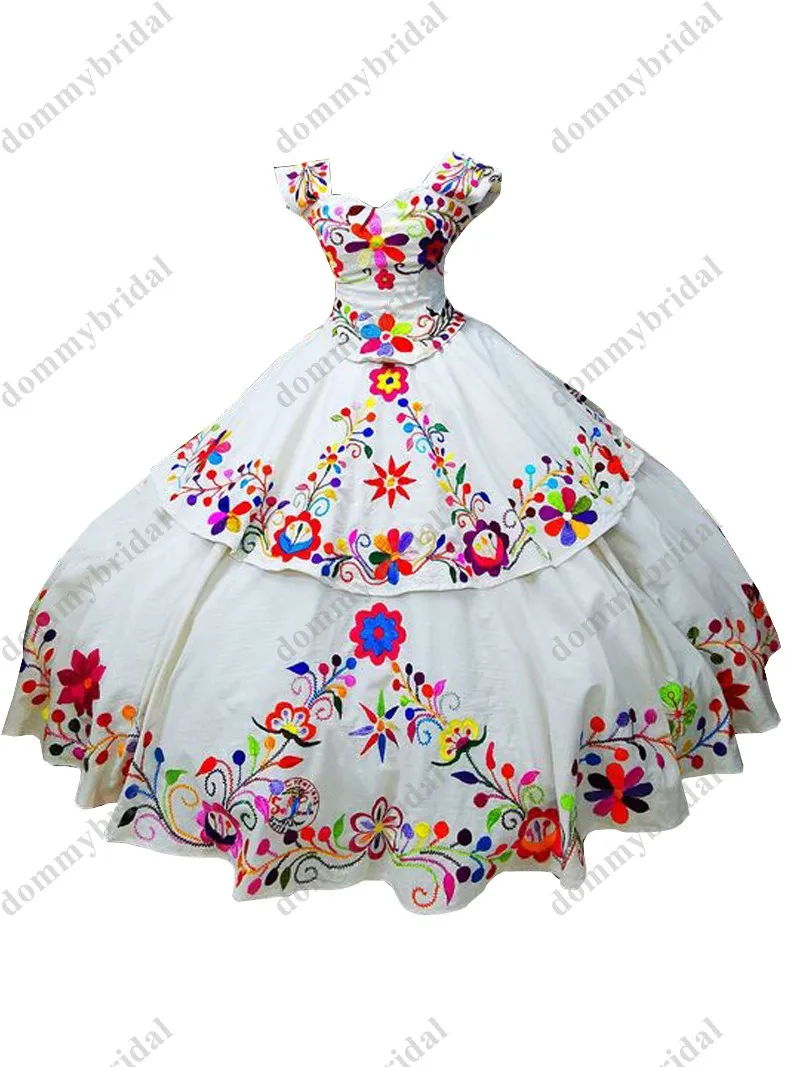 2023 Modest Colorful Flower Embroidered White Mexican Quinceanera Dresses Ball Gown Charra XV Vestido De Satin with Sleeve Prom