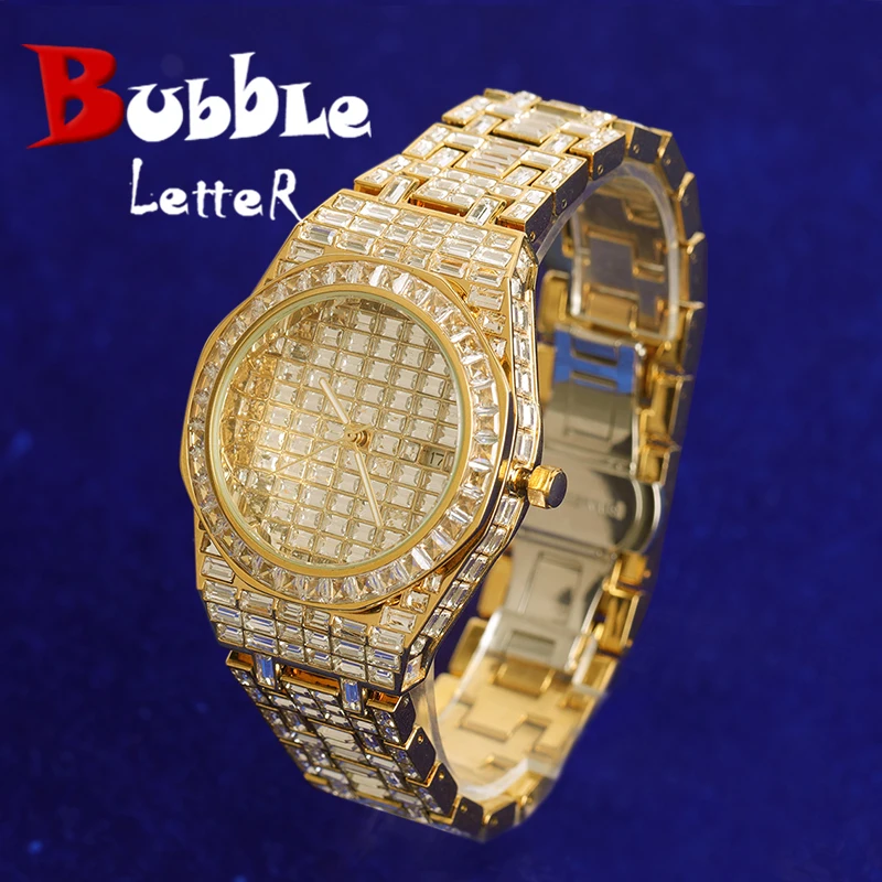 Bubble Letter Men Watch Ice Baguette Quartz  Waterproof Glow In Dark Real Gold Color Hip Hop Jewelry Relogio Masculio