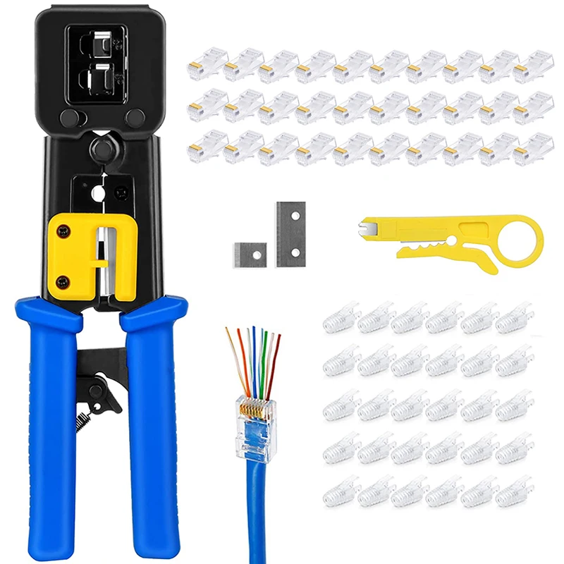 Pince à sertir RJ45, outils réseau à main, pince à presser RJ12 cat5 8p8c, dénudeur de câble multifonction + 30 connecteurs cat6 et bottes