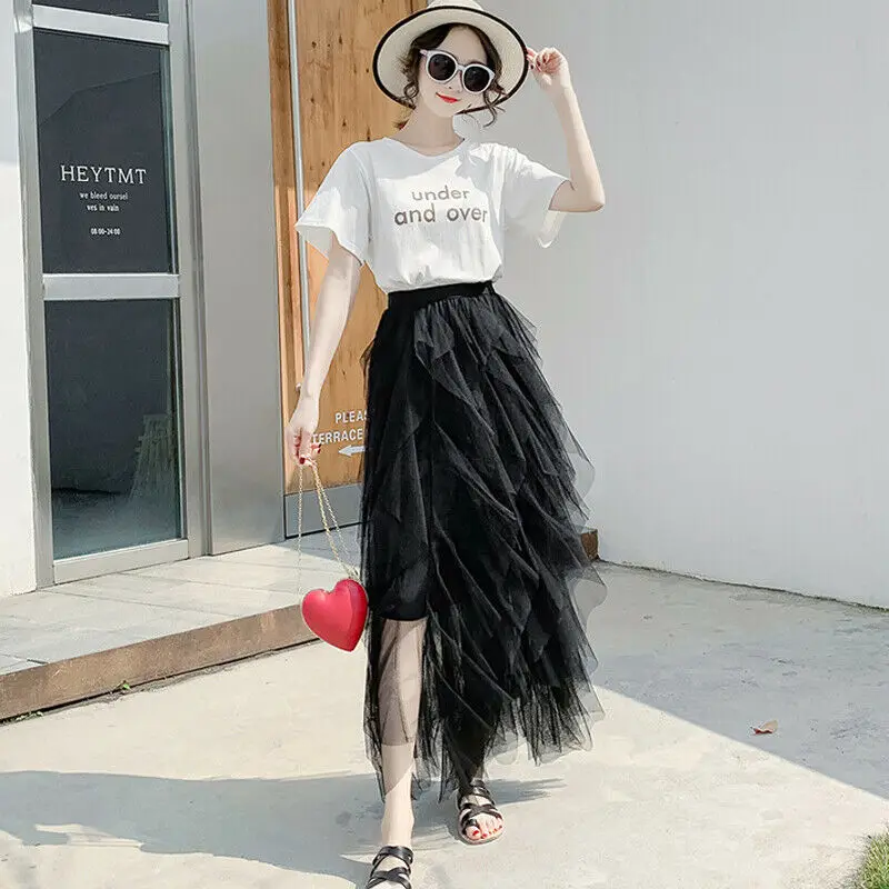 

Women Irregular Tulle Tutu Skirt High Waist Female Prom Party Cusal Long Skirt