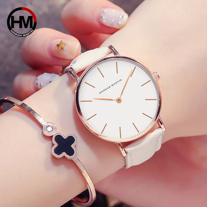 Hannah Martin-Reloj de pulsera de cuarzo japonés para mujer, cronógrafo sencillo con correa de cuero, resistente al agua hasta 30m