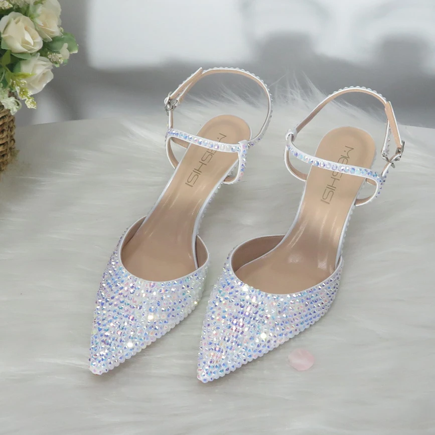 

2021 New Arrival White Bling Crystal Pointed Toe Bridal Wedding Shoes Woman High Pumps Thin Heel Party Dress Shoes Big Size