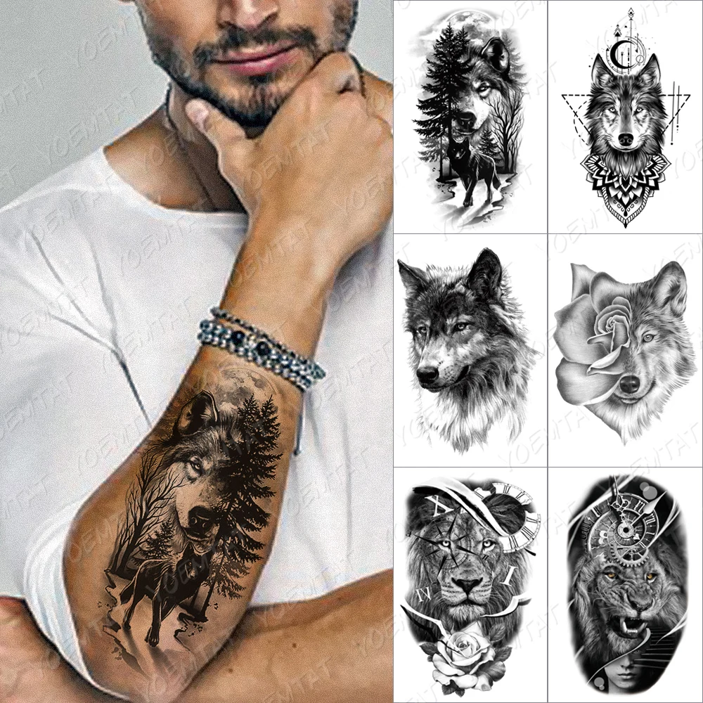 

Forest Shadow Wolf Temporary Tattoo Sticker For Men Women Owl Lion Waterproof Fake Henna Tiger Animal Body Art Tatoo Decal