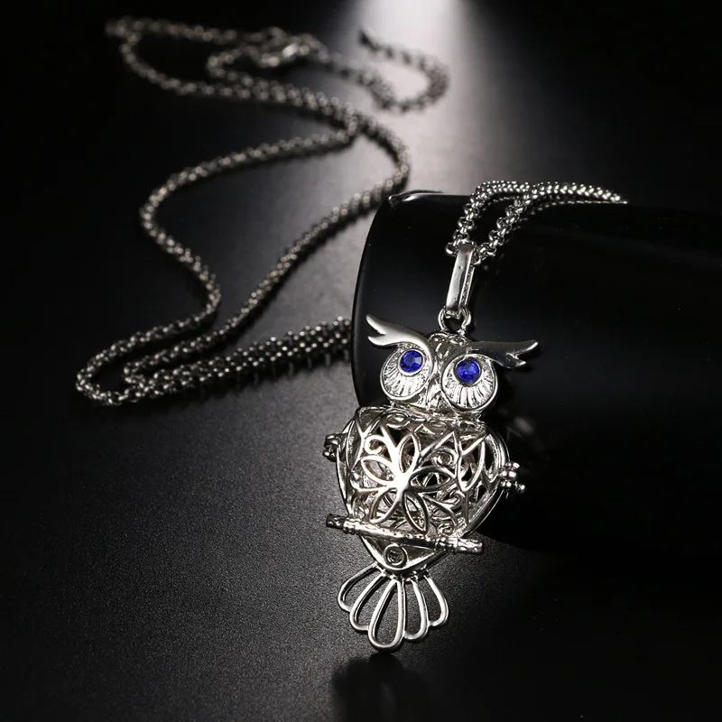 New Blue Zircon Owl Hollow Aromatherapy Locket Necklace Exquisite 16MM Piano Paint Music Ball Jewelry Women Pendant Accessories