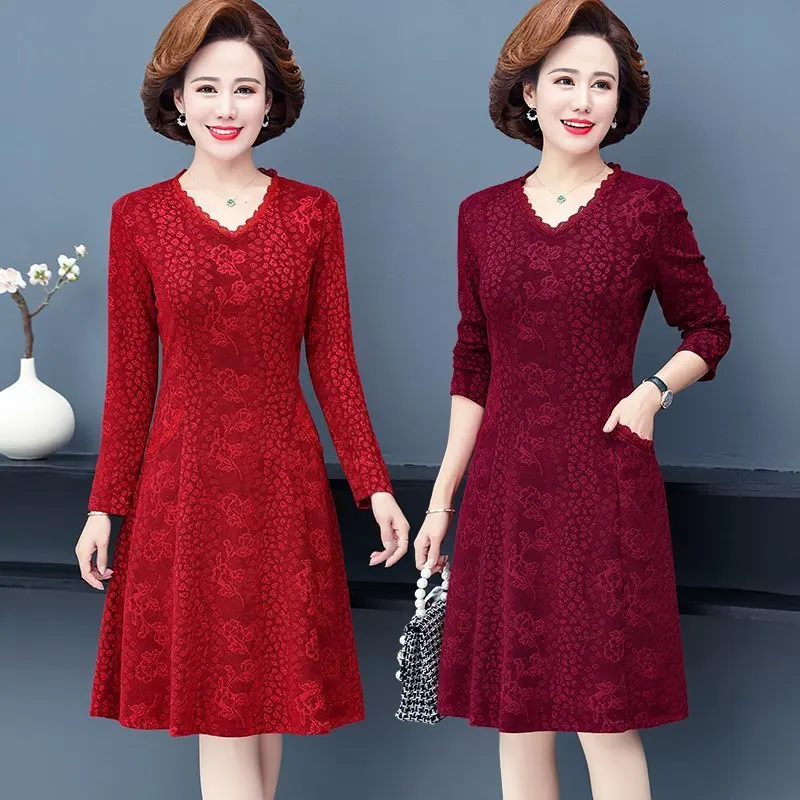 Spring and Autumn  Dresses Jacquard  V-neck  Dress Women Vintage Long Sleeves Ladies Office Robe Dresses