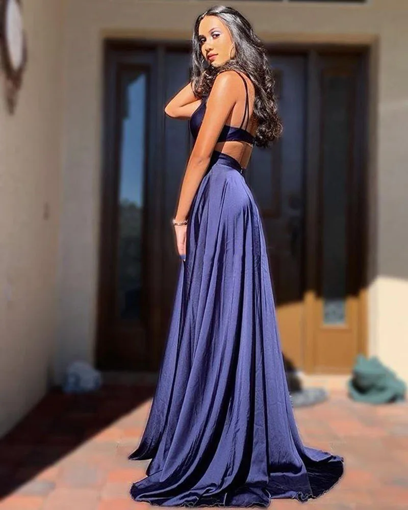 Sexy Long Prom Dresses Gowns V Neck A-Line Navy Blue Satin Prom Gowns Leg Slit Girls Graduation Dresses 2020 abendkleider