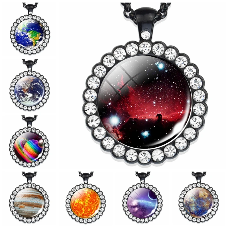 Solar System Necklace Nebula Galaxy Planet Jewelry Moon Mars Earth Sun Mercury Planets Pendant Rhinestone Necklace Mother Gift