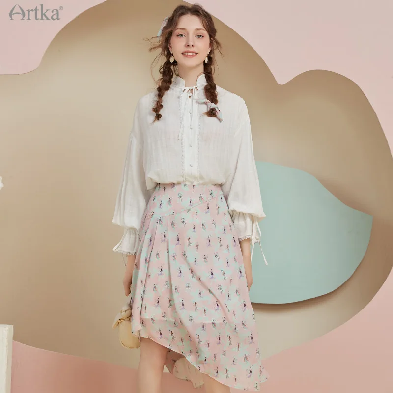 ARTKA 2022 Spring New Women Blouse Elegant Vintage Stand Collar Lace-up Shirts Palace Style Lantern Sleeve White Shirt SA20121C