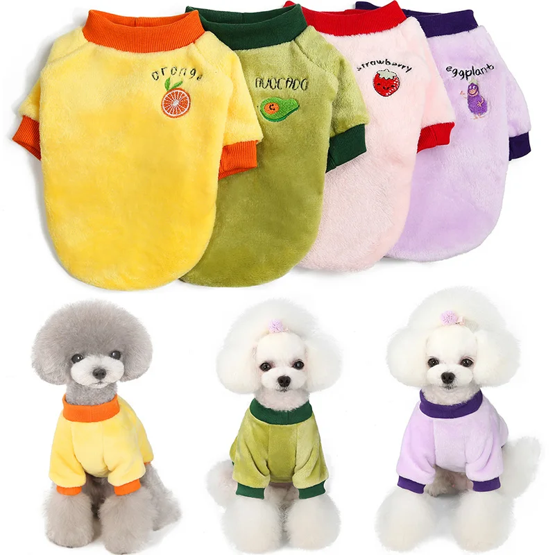 Fruit Embroidery Coral Fleece Pet Dog Clothes for Small Dogs Winter Puppy Cat Clothing Chihuahua Coat Schnauzer Poodle Costume