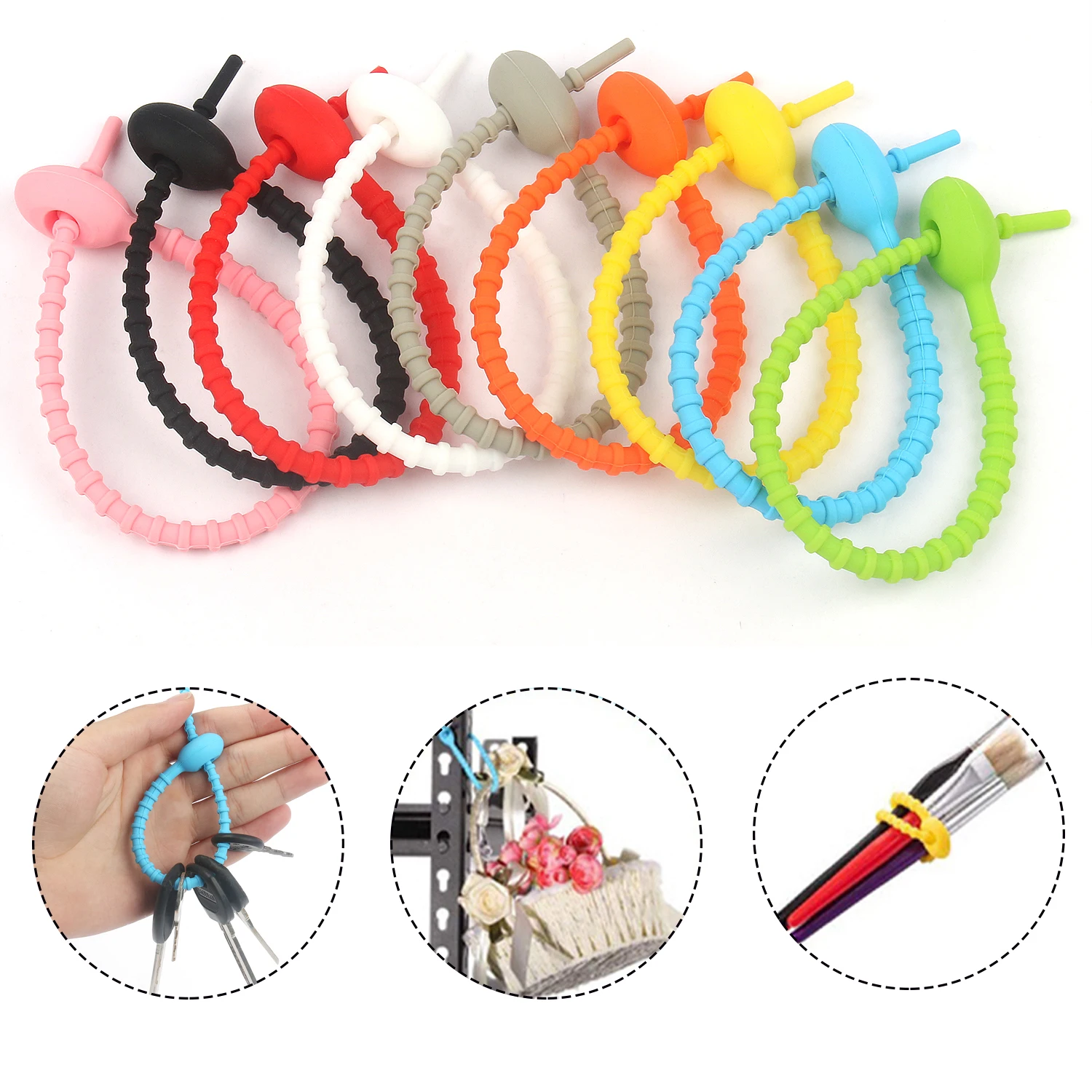 10Pcs/lot Silicone Clasps Reusable Wire Cable Ties Multi-functional Craft Fasten Cable Bracelet Keychain Food Bag Bundle Tools