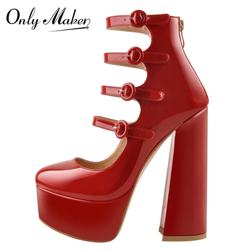 Onlymaker Women Platform Round Toe Chunky Square Heels Ankle Wrap Sandals Red And Nude Party Buckle Strap Shoes