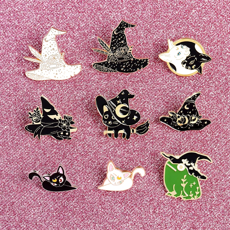 

Witch Enamel Pins Collection Witch Hat and Cat Frog Pins Up Crescent Moon Black Gothic Lapel Pin Wiccan Brooches Witches Jewelry