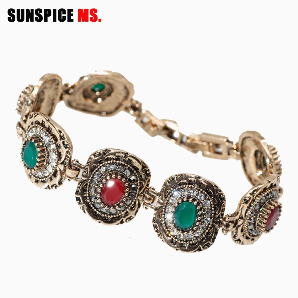 Sunspicems Vintage Crystal Link Bracelet for Women Antique Gold Color Round Resin Bohemia Ethnic Wedding Jewelry Friend Gift