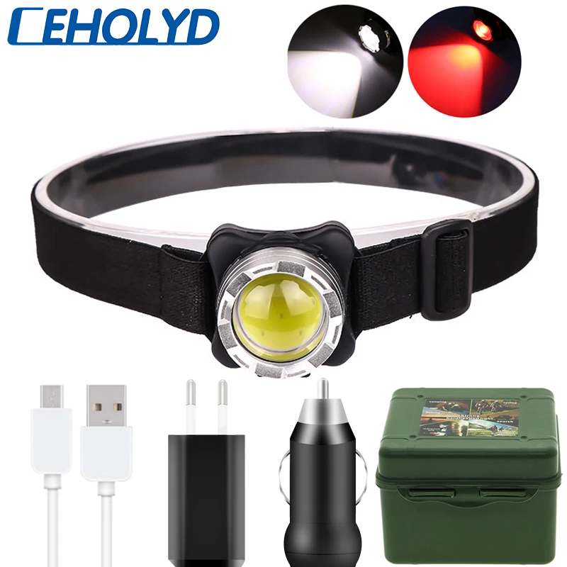 Powerful LED Headlamp USB Rechargeable Headlight COB Head Light with Built-in Battery Waterproof Head Lamp White Red Lighting