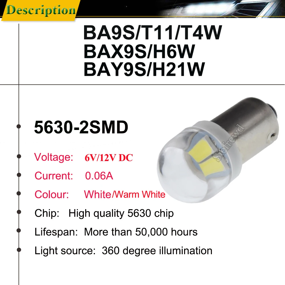 2Pcs Warm/White BA9S T4W LED BAX9S H6W BAY9S H21W Car Interior Dome Map Light Auto Side Wedge Reverse Parking Bulb 6V 12V 6 Volt