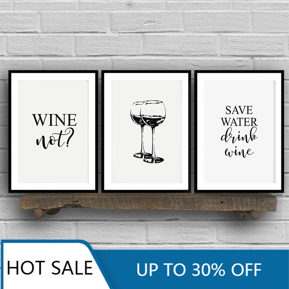 Save Water Drink Quotes Wall Art Canvas Painting Posters Prints Wine Glasses Black White Funny Kitchen for Aesthetic Home Decora