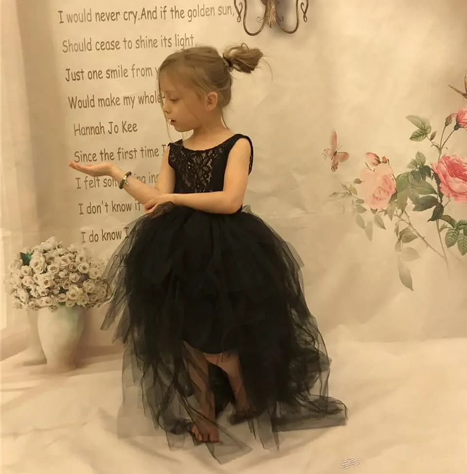 

Black Flower Girl Dresses For Weddings A-Line Tulle Appliques Lace Baby Long First Communion Dresses For Little Girls