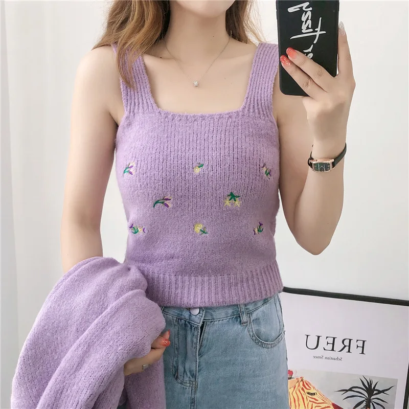 2024 Autumn Winter New Cardigans Tank Set for Women Graceful Joker Embroidery Floral V-neck Sweater Coats Girls Fashion Clothing