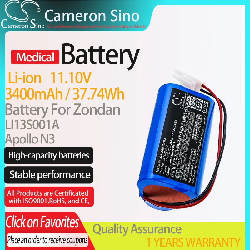 CameronSino Battery for Zondan Apollo N3 fits Zondan LI13S001A Medical Replacement battery 3400mAh/37.74Wh 11.10V Li-ion Blue