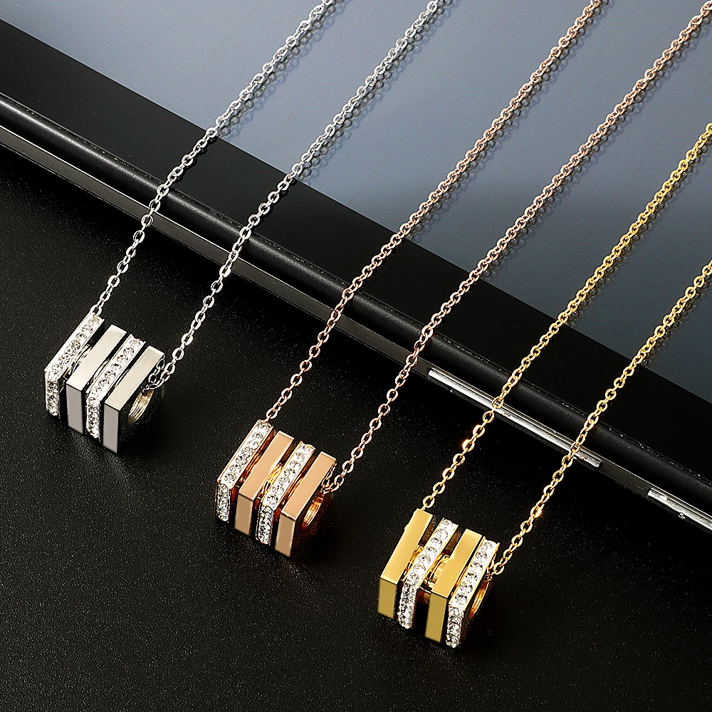 New  Multilayer Cube Couple Pendant Women Girls Crystal Necklaces Stainless Steel Fashion Wedding Party Charm Link  Collar