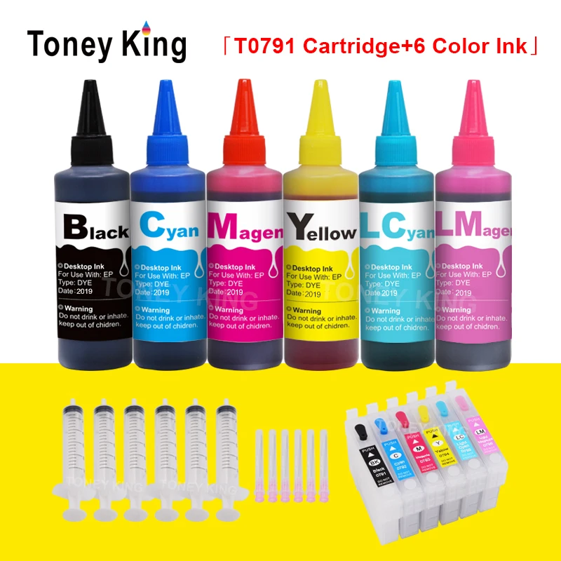 Toney King 6×100ml Printer Ink Refill Kits + T0791-T0796 Dye Ink Cartridges For Epson Stylus Photo 1400 1500W P50 Artisan 1430